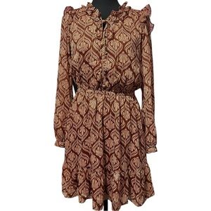 LC Lauren Conrad Flower Print Maroon & Beige w/Gold Shimmer LS Ruffle Dress M
